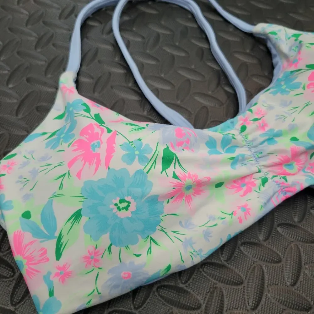 Celebrity Pink Reversible Bikini Top XL Floral Blue Ribbed Swim Top NWT Resort